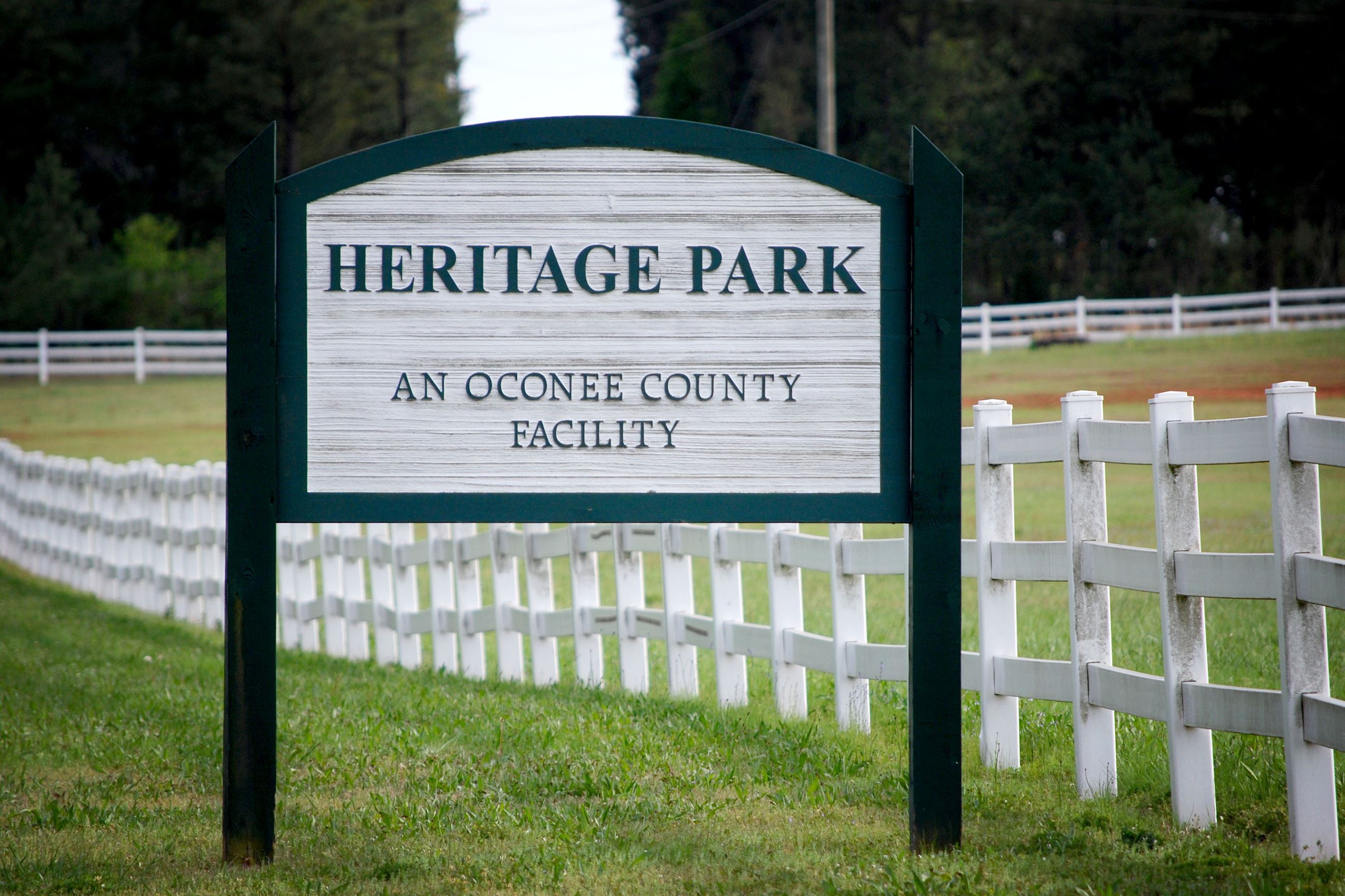 Sign that reads "Heritage Park: An Oconee County Facility" 